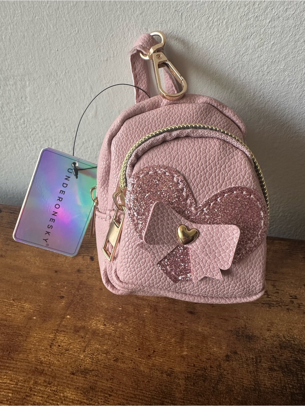 Light Pink Glitter Heart Mini Backpack Bag Charm Keychain 2 Pockets New With Tag